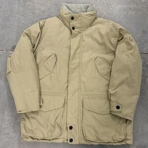 Nautica Mens Duck Down Puffer Parka Jacket Tan Khaki Plaid Lined Large Heavy